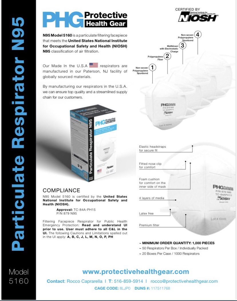 #covid19
protectivehealthgear.com 
We are in Paterson ( NJ) we manufacture USA NIOSH APPROVED N95 RESPIRATOR.

I have 600.000 thousands #n95mask model 5160 ready to get shipped. 

Dm for price: rocco@protectivehealthgear.com
