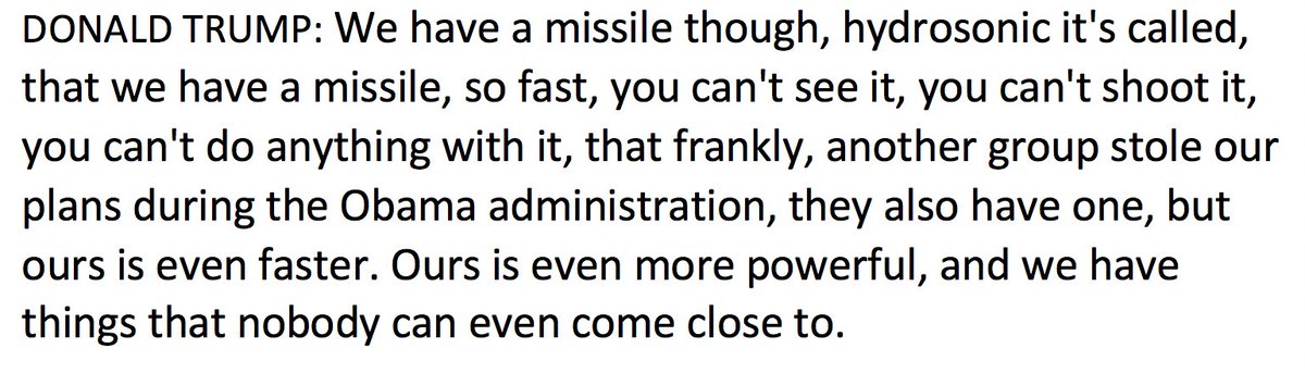 Trump interrupts his spiel on US military might, which he says is the envy of the world, to discuss the "hydrosonic missile" (possibly means "hypersonic"?), says, "another group stole our plans during the Obama administration, they also have one, but ours is even faster."