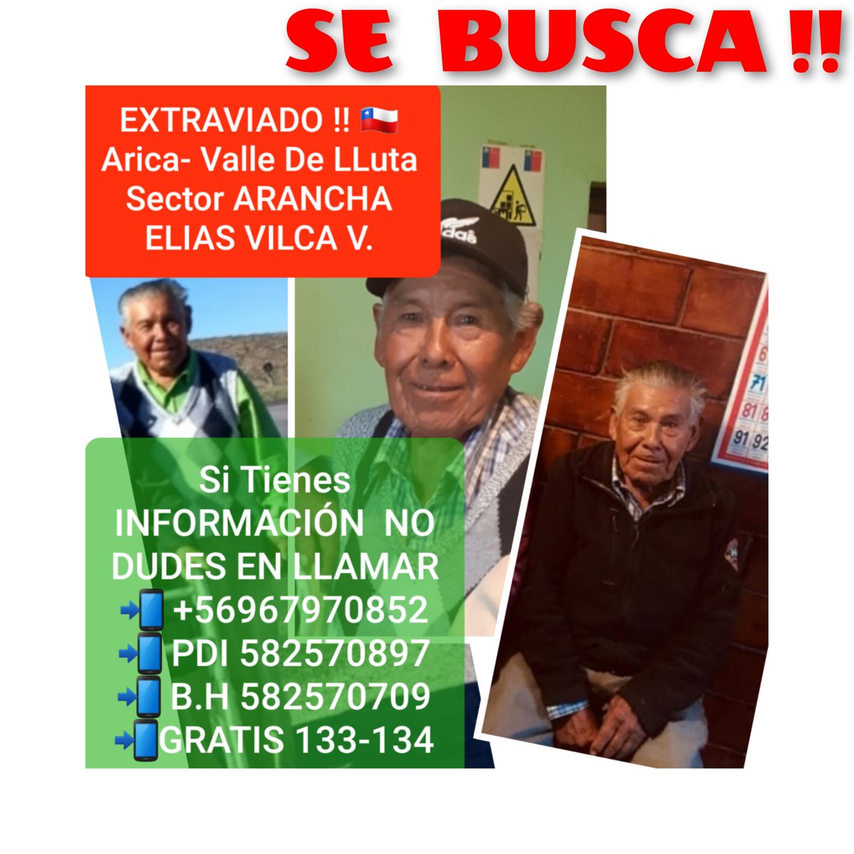 elyttamorav's tweet photo. #Arica #Arancha🇨🇱#EliasVilca #LeyExtraviados Aún seguimos en su búsqueda,Ayúdanos a encontrar a Martiniano Elías Vilca Vilca https://t.co/3d2fCcOQtR #PDIBusca https://t.co/Au0juJbu20