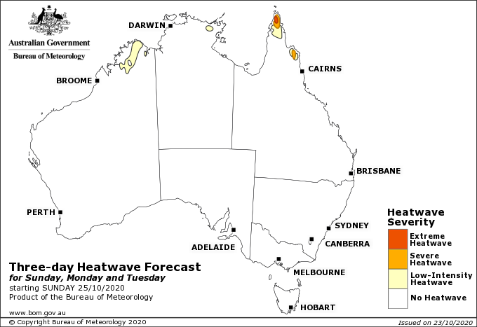 BOM_NT's tweet photo. Increasing showers and #thunderstorms expected north of Elliott in the #NT over the next few days, easing the heatwave over eastern Top End. For all your forecast needs, check #MetEye https://t.co/L5W1lH5Bod https://t.co/ptSU8MqFuE