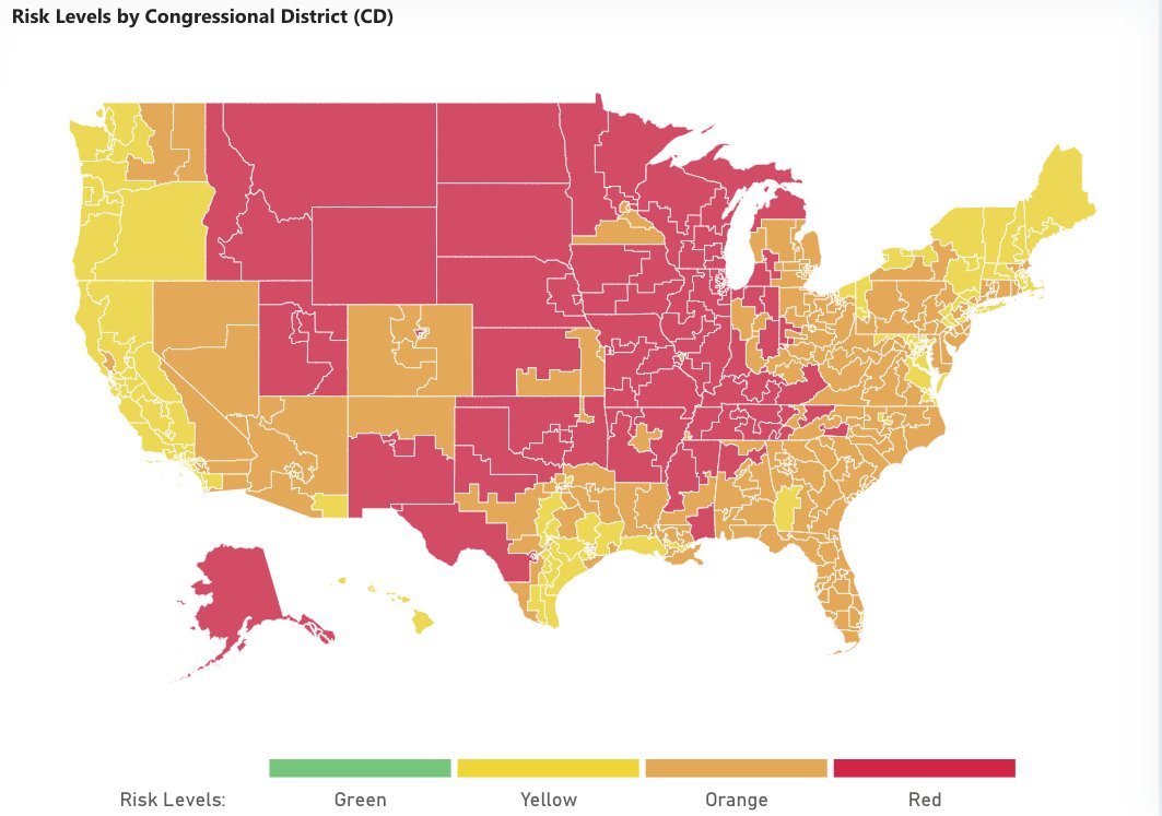 stef_friedhoff's tweet photo. We didn't know it this morning but there is some poetic justice to releasing congressional district level views of our Covid Risk levels on the day the daily new case count hits a sad new record: 83,010, that is eightythreethousandandten new cases IN. ONE. DAY. We can do better. https://t.co/tri1cMgrs6