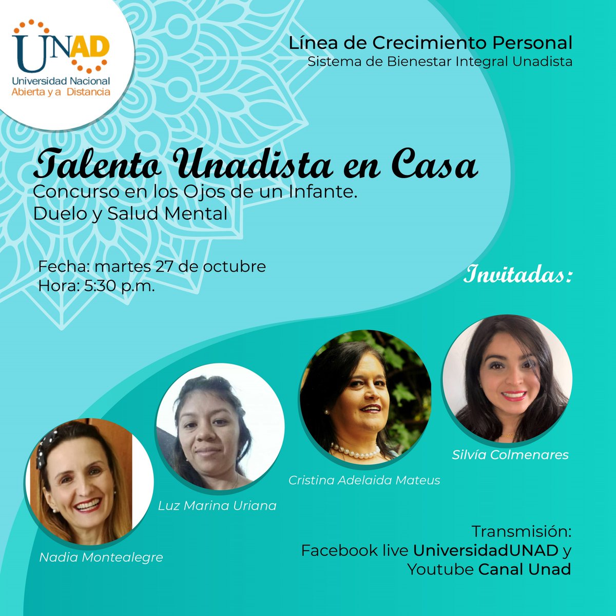 chrysosfundacio's tweet photo. Acompáñanos el próximo: Martes 27 de octubre a las 5:30  trasmisión en vivo TALENTO UNADISTA EN CASA en el Canal Institucional de YouTube UNAD y en Facebook lite UNAD.hablaremos de Concurso infantil de dibujo En los ojos de un infante “La Salud Mental y el Duelo”.
Te esperamos! https://t.co/s4Xko2Jhrl