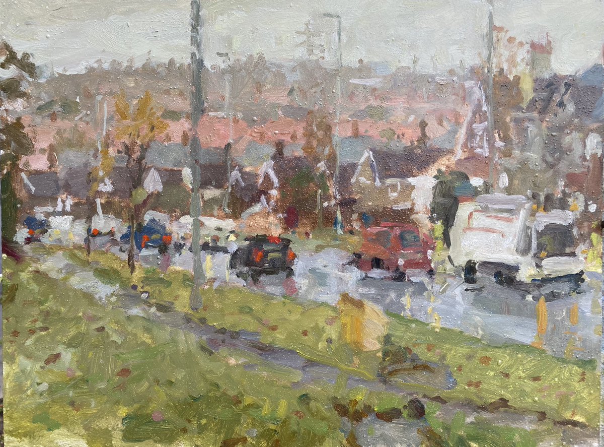Adam_Ralston's tweet photo. 5/10 Day five of posting a painting over 10 days #devonshirerd #rockgardens #bispham #blackpool #cars #traffic #binmen #bincollection #binman #refuse #autumn #leaves #chimneys #rain #wind #impression #houses #rooftops #pylon #path #oilpainting #adamralstonartist #northernboysart https://t.co/OxTBQbp7mt