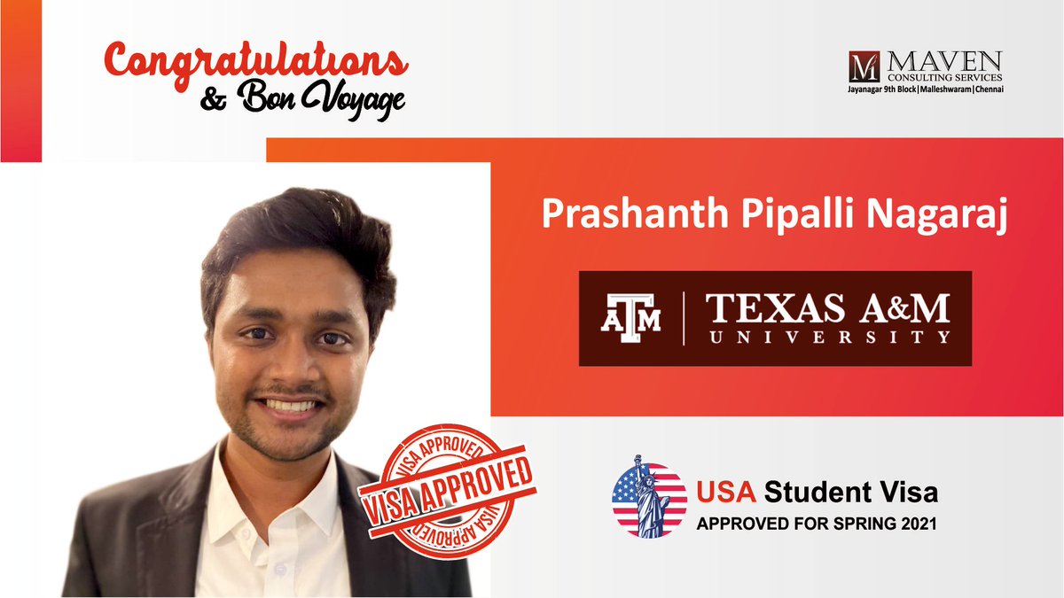 Heartiest Congratulations to Dhanush Udayashankara Jamadgni to secure his student visa to study at the Iowa State University of Science and Technology, USA

We wish him all best and a Bon Voyage

Maven Consulting Services Team