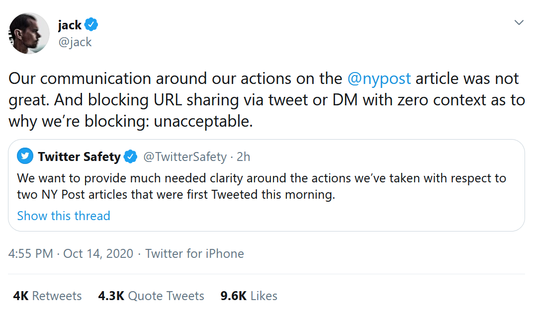 This knee-jerk response was so ham-handed,  @jack admitted it & Twitter revised their AUP again, w just wks to the election, & announced the curators of the word would be appending msgs to “inform” ppl rather than just arbitrarily ban all content that runs counter to their agenda.