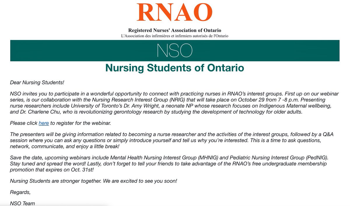 NursingStudentO's tweet photo. Nursing students save the date!
NSO x NRIG Student Webinar on October 29 from 7pm-8pm.
Click here to register for the webinar:
https://t.co/4w9Ktu31Xu
@DorisGrinspun @MorganHoffarth @angelacooperbra @marionzych @IBajnok @pong_lastimosa @RNAOnrig @RNAO https://t.co/Xim788RYzd