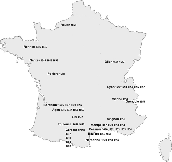 6/ Molière va alors sillonner le royaume, notamment la Bourgogne, la vallée du Rhône, l'Isère, la Bretagne et surtout le sud-ouest, menant une vie itinérante à la recherche de publics et de protecteurs.