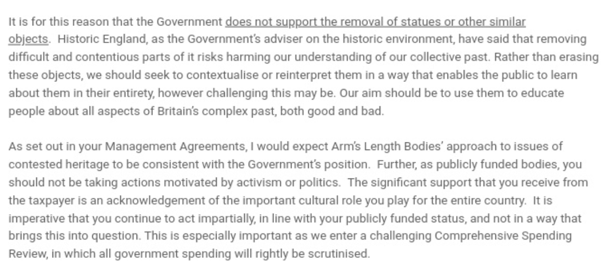 'Rather than removing objects,*should* seek to contextualise or reinterpret them in a way that enables public to learn about them in their entirety, however challenging this may be ... aim to educate about all aspects of Britain's complex past, both good and bad' - Oliver Dowden