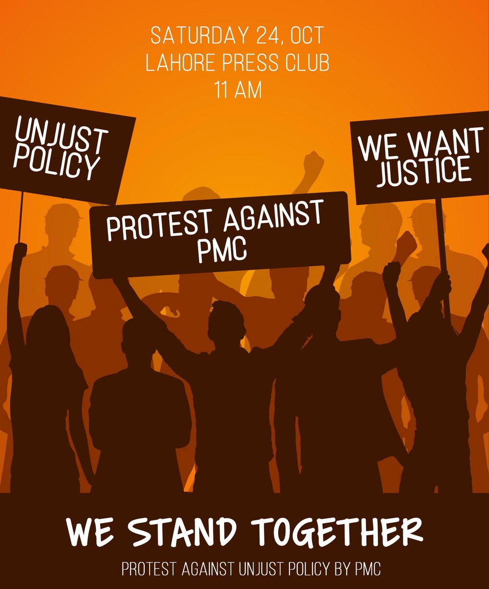 Nimrafayyazz's tweet photo. @emm37841 We have been in contact with press for todays protest
 guys  come to the protest against pmc
Today 
Bring your friends. Bring playcards
Saturday 11 am
Lahore Press Club
We don't accept unjust syllabus 
Lets fight this together!!!
#nopmcsyllabus #NoPmcSyllabus #NoPmcRegisteration https://t.co/DpjC9sfgCB