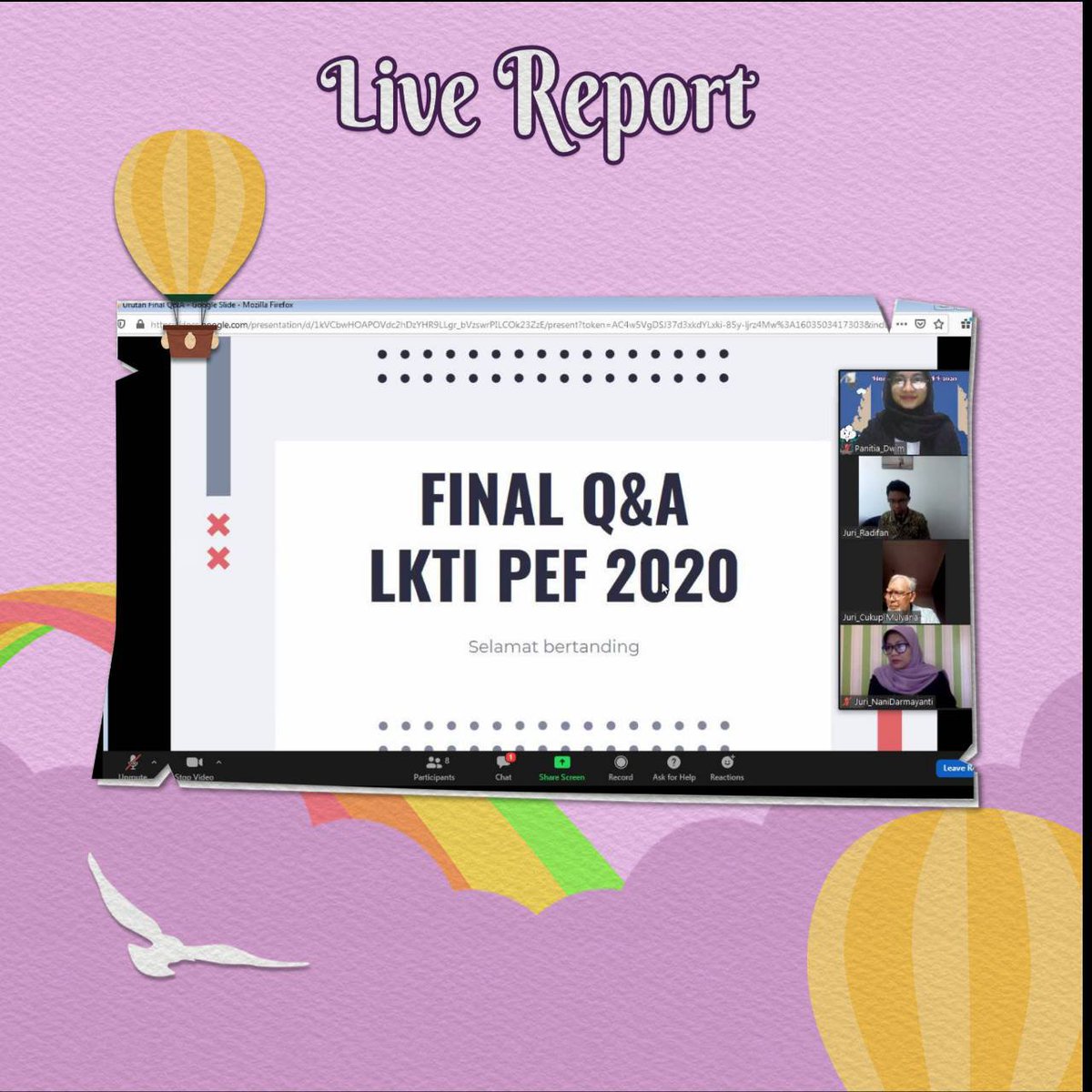 PEF_unpad's tweet image. [LIVE REPORT FINAL LKTI]

Hallo, Padjadjaran Mates!
Pagi ini, sedang berlangsung acara Final LKTI PEF x OHU 2020 nih! Jangan lupa untuk terus pantengin media sosial PEF x OHU untuk terus update informasi mengenai PEF lainnya ya!

#LetsFlyHigh
#PEF2020
#PEFxOHU