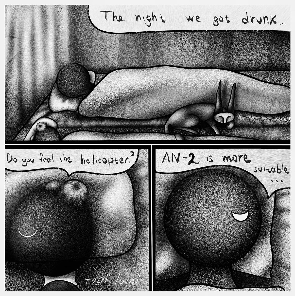 LumiTapi's tweet photo. The language barrier could play a cruel joke on me.  But I hope everyone understands everything.  Each of us knows how dizzy from alcohol! 🥴

#comics #comicsart https://t.co/FEnv04nY9q