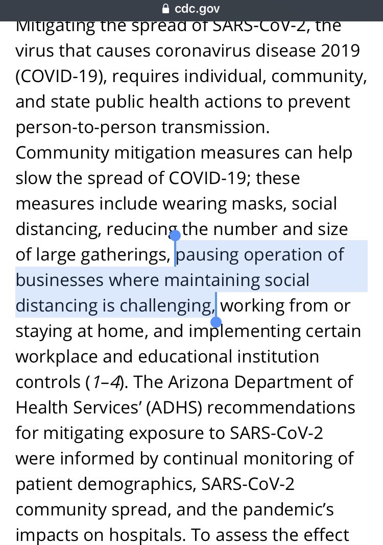 Earlier today,  @DrAngelaCDunn linked to a CDC case study re: Arizona, suggesting pausing businesses that simply cannot reasonably have patrons distance. Lack of mask enforcement by a business in that situation certainly doesn’t create goodwill to persuade against closure.  https://twitter.com/drangelacdunn/status/1319671200025513987