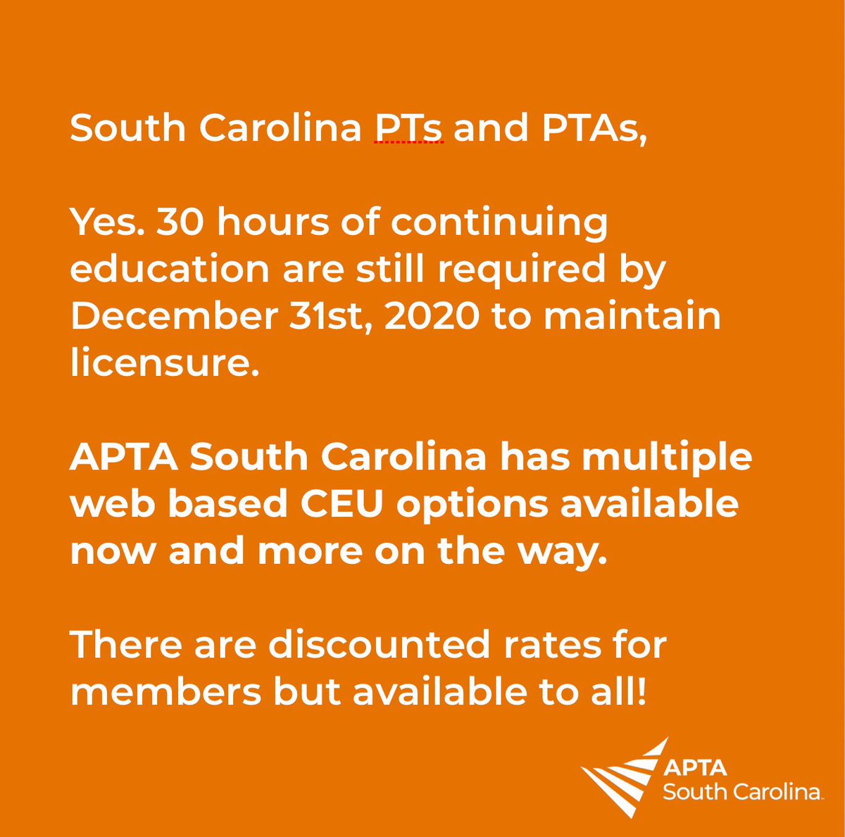Did you know it is a licensure renewal year in South Carolina? Have you gotten all of your CEUs? We have some great, low cost, online options for your last minute CEU needs! 

education.scapta.org/?pg=semwebcata…