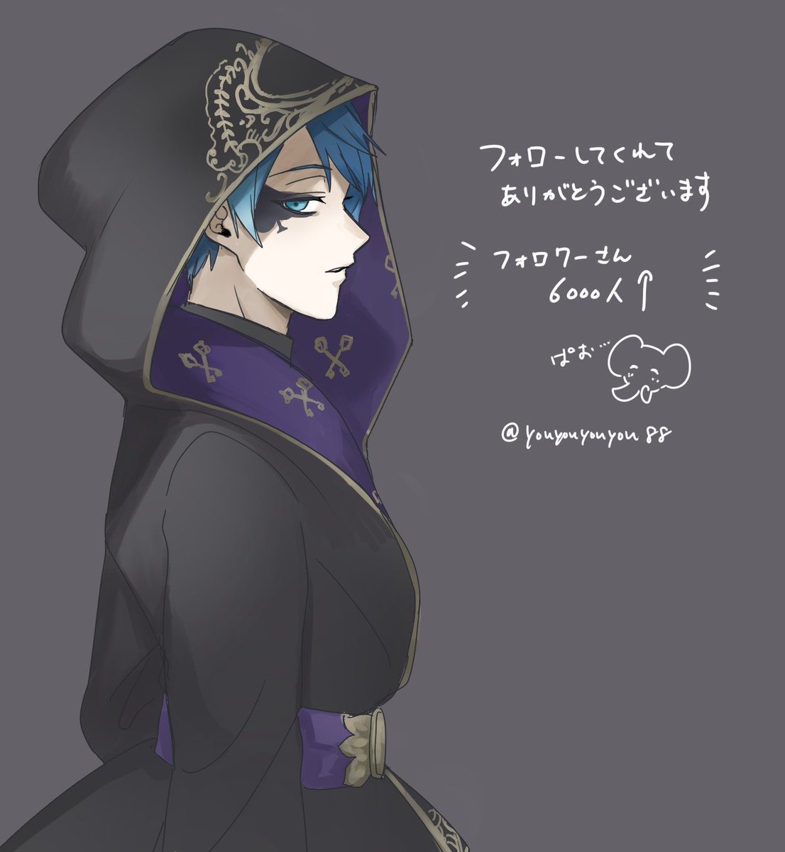 1boy blue hair male focus hood blue eyes solo robe  illustration images