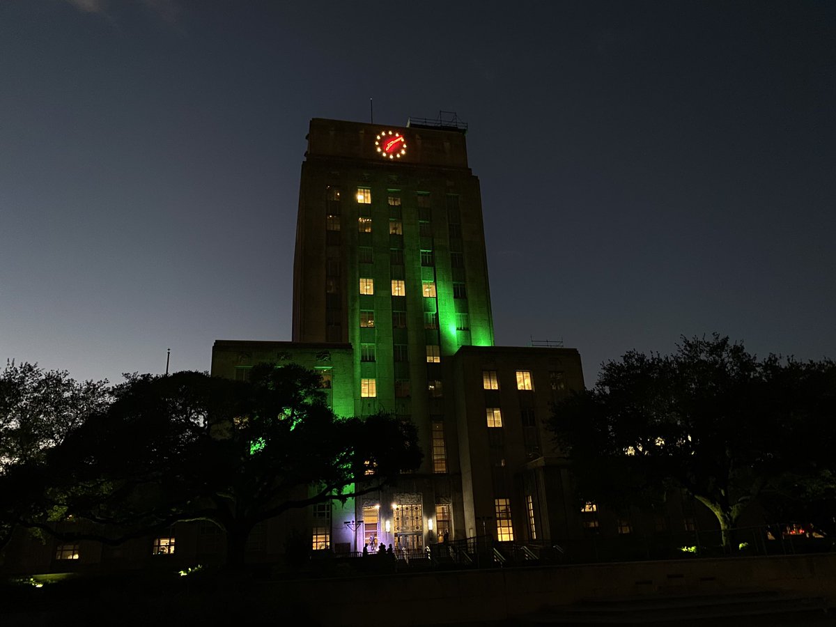 SylvesterTurner's tweet photo. #Houston is proud to be home of one of the largest Nigerian communities in the country and stands with Nigerians around the world calling for an end to the violence against peaceful demonstrations. 

Tonight, city hall is lit green and white to show our solidarity. #EndSARS https://t.co/4DGvAwFAEr