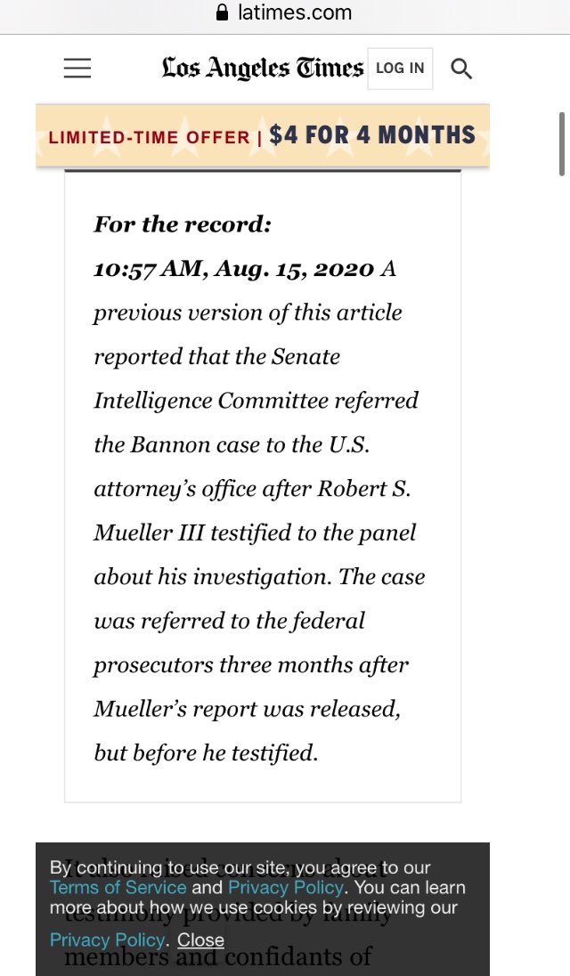 Referral made 3 months after 4/18/19, but before 7/26/19. So, call it sometime between 7/19/19-7/25/19 that the criminal referral is made by bipartisan Senate Intel, signed by Warner & Burr.