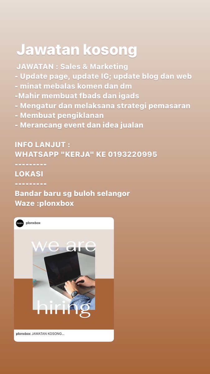 plonxbox's tweet photo. JAWATAN KOSONG

Di PLONXBOX CAFE

 JAWATAN : Sales &amp; Marketing  
- Update page, update IG; update blog dan web
- minat mebalas komen dan dm
-Mahir membuat fbads dan igads
- Mengatur dan melaksana strategi pemasaran 
- Membuat pengiklanan
- Merancang event dan idea jualan https://t.co/Gq5m8iSRp8