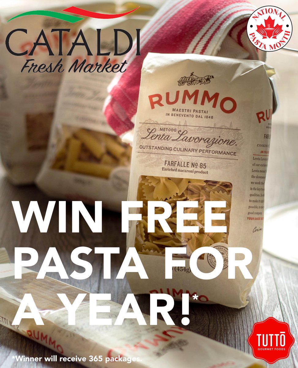CATALDIFRESH's tweet photo. In honour of National Pasta Month,  FREE PASTA FOR A YEAR!
* To enter for your chance to win, simply follow @cataldifreshmarket,  @tuttogourmetfoods, and @nationalpastamonth 
Tag 3 friends! Winner will be announced on Sunday October 25th at 9:00pm. https://t.co/h9uefi6b1B