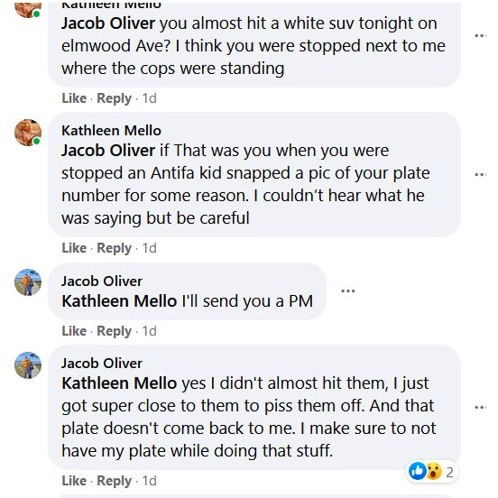 3/ James has a history of attempting to intimidate protesters by invoking the specter of James Fields, and admitted to a separate incident on Facebook.He also claims "that plate doesn't come back to me. I make sure not to have my plate while doing that stuff."