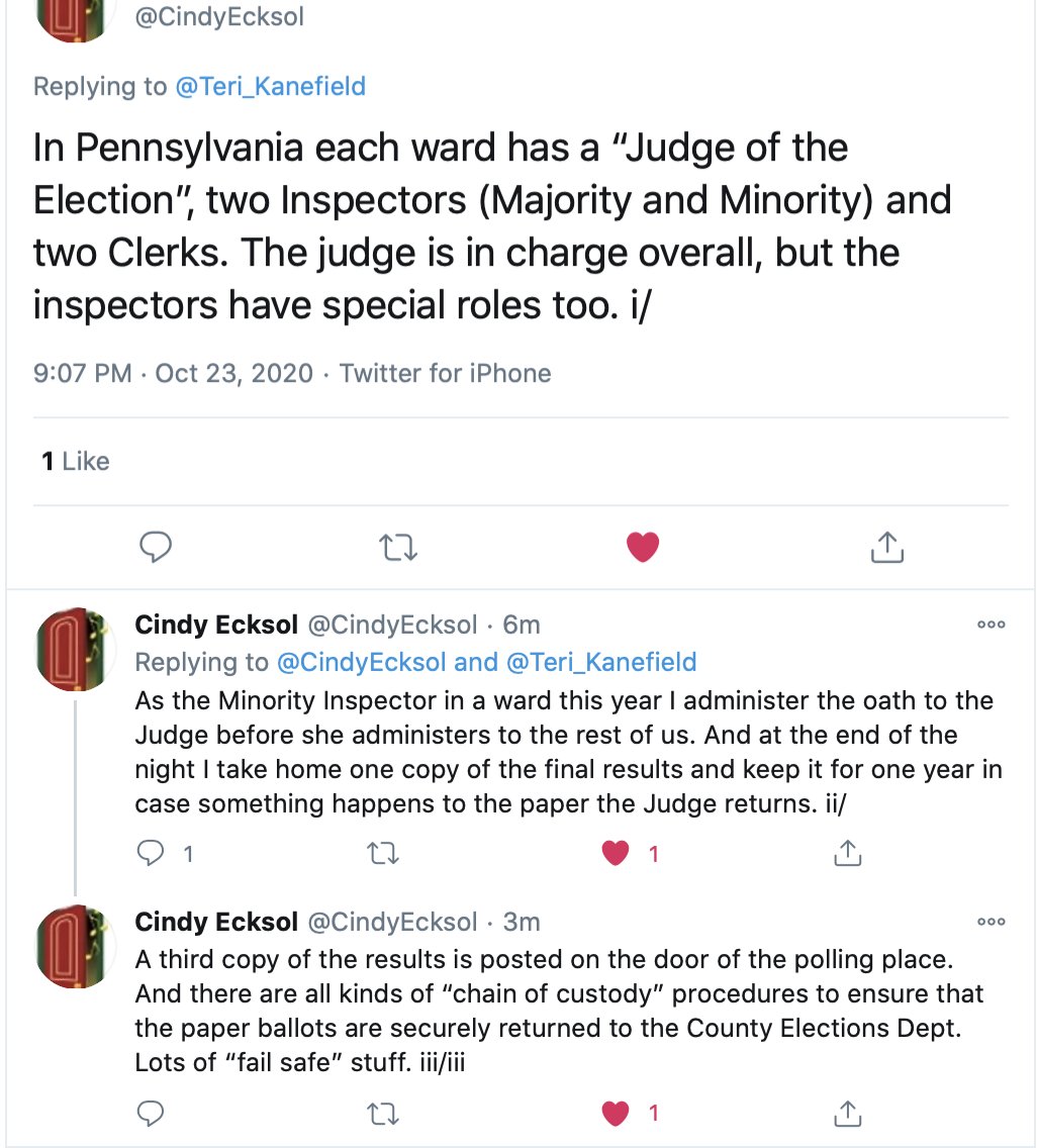 Thanks,  @CindyEcksolAfter the election, I think I'll do a special blog post and ask people who worked the election to contribute.I did a screenshot so I could fit all three tweets.