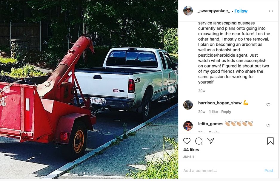 5/ And here's that plate coming back to him.On his Instagram account, "_swampyankee_," Oliver routinely posts pictures of his truck-- same year/make/model, same dents in the fender, and yes, same license plate.