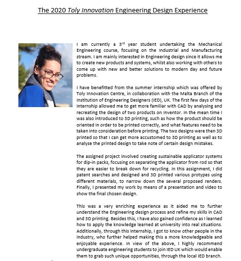iedmalta's tweet photo. IED Student Member benefitted from a #summer_internship at #TolyInnovationCentre. https://t.co/9hEM4nOaQ6