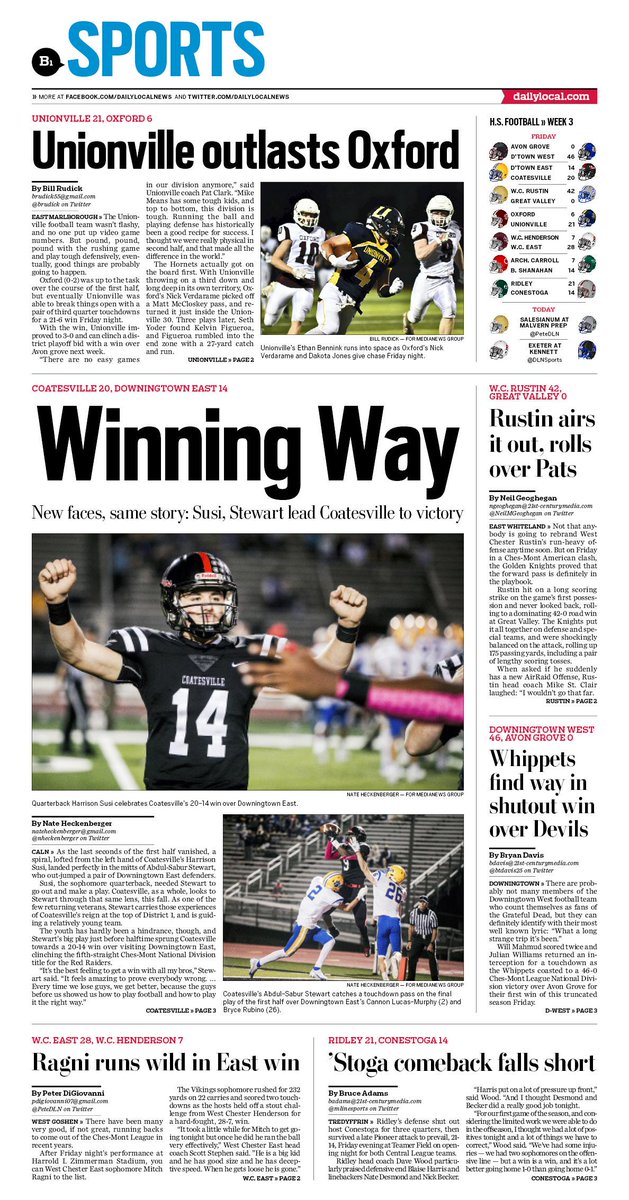 Daily Local Sports (@dlnsports) on Twitter photo Saturday's DLN:
Football wins for:
<a href="/goUathletics/">Unionville Athletics</a>
<a href="/Football_Cville/">COATESVILLE FOOTBALL</a> <a href="/WCRustinKnights/">WC Rustin Athletics</a> <a href="/Whippetfootball/">Whippet Football</a>
<a href="/WCEastFootball/">WC East Vikings Football</a> <a href="/BSHS_Eagles_FB/">Bishop Shanahan Football</a>
Stories/pix by:
<a href="/brudick55/">Bill Rudick</a>
<a href="/nheckenberger/">nate heckenberger</a>
<a href="/NeilMGeoghegan/">Neil Geoghegan</a>
<a href="/PeteDLN/">Pete DiGiovanni</a>
<a href="/btdavis25/">Bryan Davis</a>
<a href="/MLineSports/">Main Line Sports</a>
<a href="/APSE_sportmedia/">APSE</a> Saturday's DLN:
Football wins for:
<a href="/goUathletics/">Unionville Athletics</a>
<a href="/Football_Cville/">COATESVILLE FOOTBALL</a> <a href="/WCRustinKnights/">WC Rustin Athletics</a> <a href="/Whippetfootball/">Whippet Football</a>
<a href="/WCEastFootball/">WC East Vikings Football</a> <a href="/BSHS_Eagles_FB/">Bishop Shanahan Football</a>
Stories/pix by:
<a href="/brudick55/">Bill Rudick</a>
<a href="/nheckenberger/">nate heckenberger</a>
<a href="/NeilMGeoghegan/">Neil Geoghegan</a>
<a href="/PeteDLN/">Pete DiGiovanni</a>
<a href="/btdavis25/">Bryan Davis</a>
<a href="/MLineSports/">Main Line Sports</a>
<a href="/APSE_sportmedia/">APSE</a>