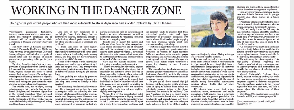 k_bowles's tweet photo. Great article in @australian today discussing our recent @SaxInstitute review focussing on high risk occupations for suicide. Written by our @MonashPHAWRU team this is very important work @DrRosalindCase @karensmith_av @monash_para @Monash_FMNHS @MonashUni https://t.co/Dq03XlQfH2