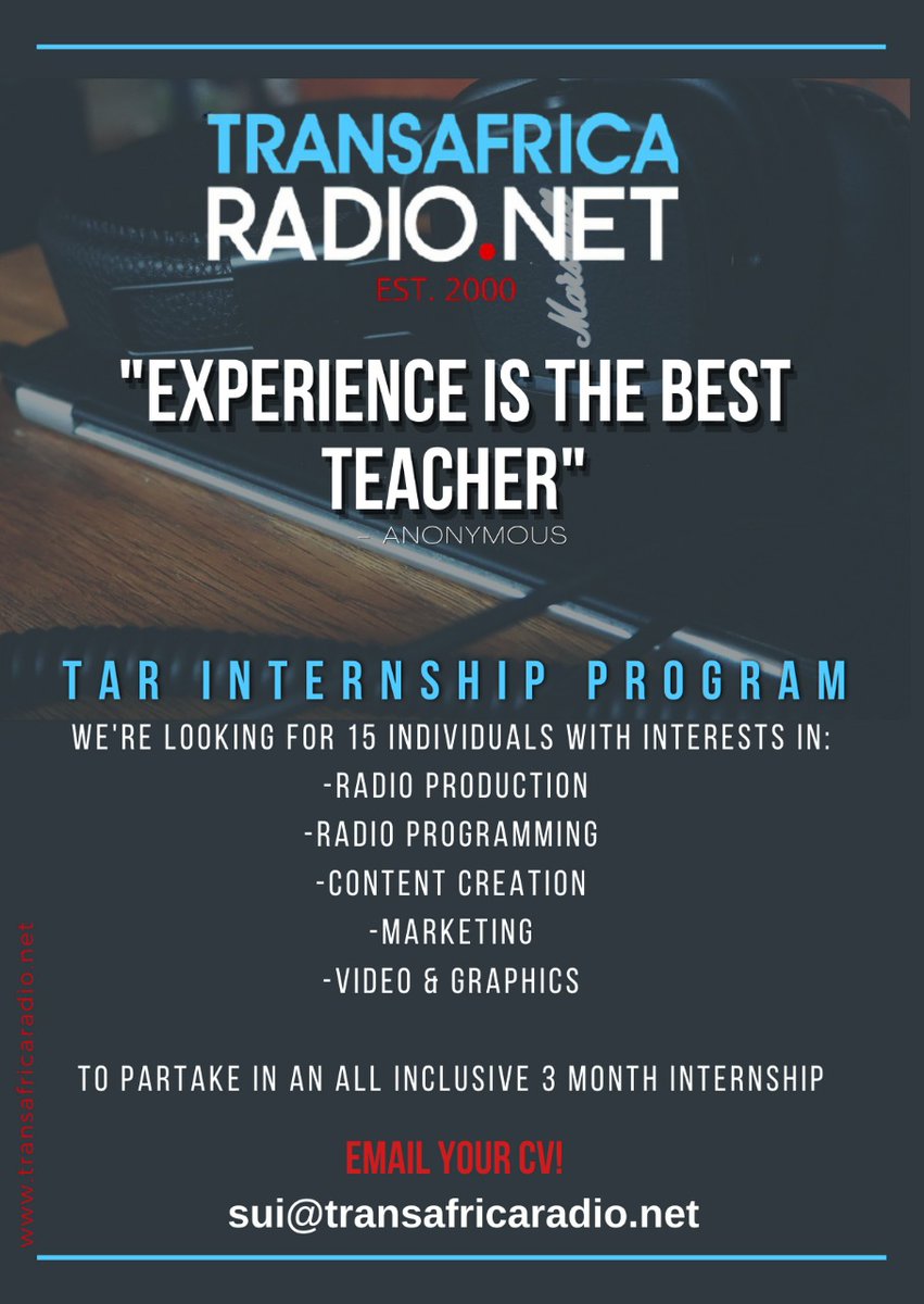 Ever applied for a job and they asked for 300 years #experience?

An exciting opportunity awaits those who are keen to learn #RadioProduction, #RadioProgramming, #ContentCreation, #Marketing, #Video & #Graphics.

Send your CV and relevant details to sui@transafricaradio.net