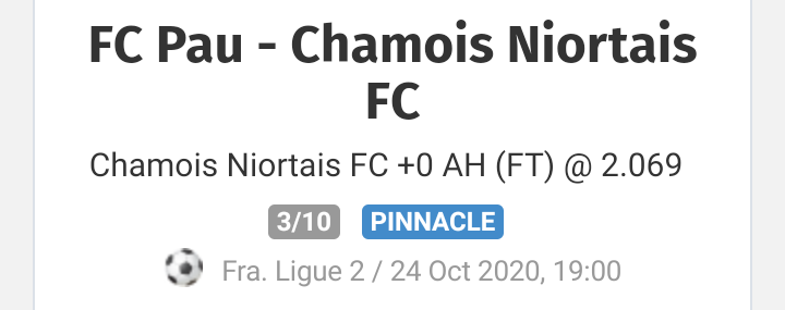 CapyBet's tweet image. 🇲🇫 #Ligue2 -J8
24/10 19h
🔸 Auxerre - Chambly
➡️ Chambly +0.5 (AH) / 2,039@
💰 1U

🔸Pau - Niort
➡️ Niort +0 (AH) / 2,069@
💰 1U

Les cotes sont plutôt montées depuis que j'ai pris.