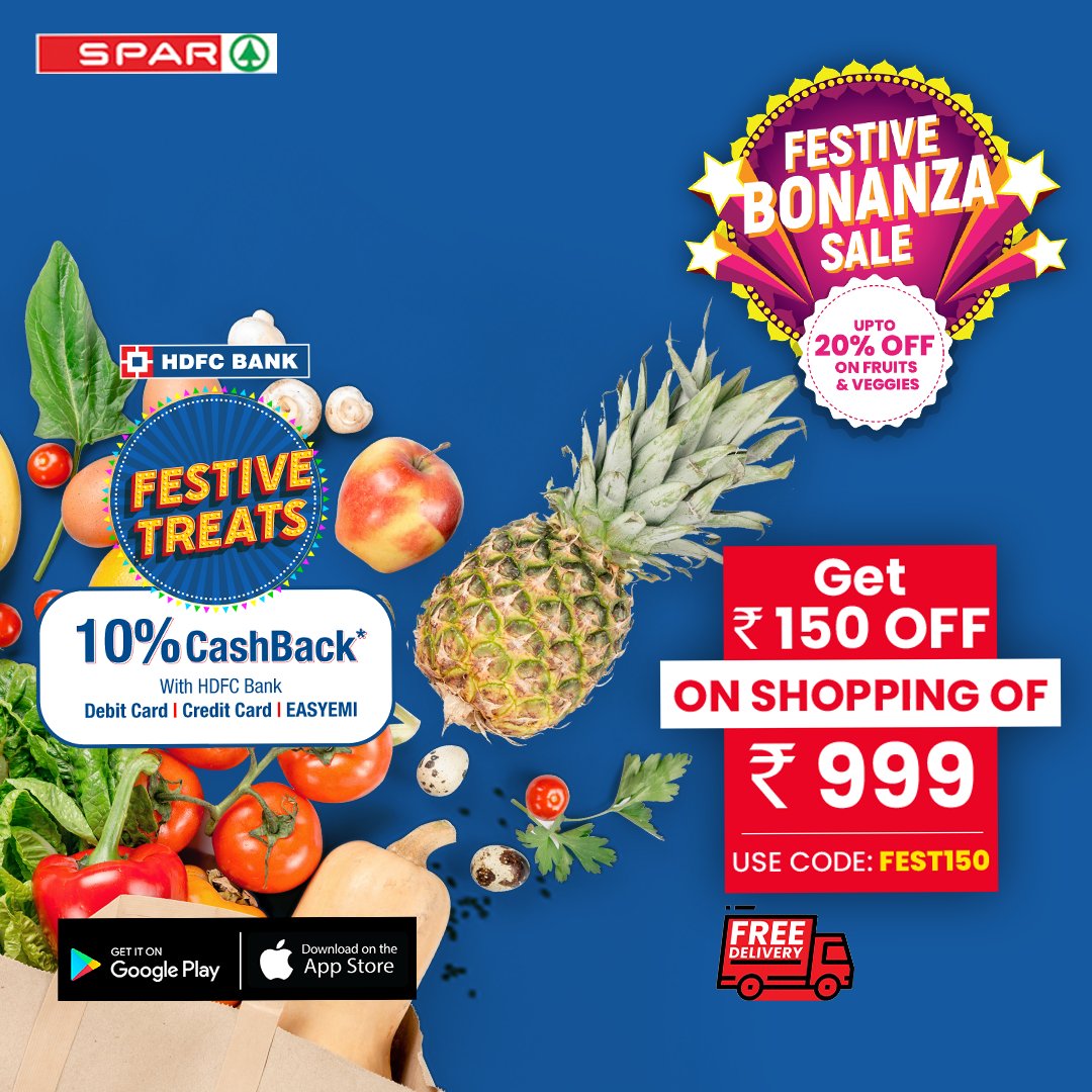 SparIndiaHyper's tweet photo. Ultimate Festive Offer: A flat Rs. 150 OFF on all orders of Rs. 999 & Upto 20% Off on Vegetables and Fruits!
Shop our offers on https://t.co/VGxDRSZ7vz or download our SPAR INDIA app.
#GreatOffers #SPARDeals #FestiveDeal #FestiveOffer #FestiveBonanza https://t.co/ozNXYblIHe