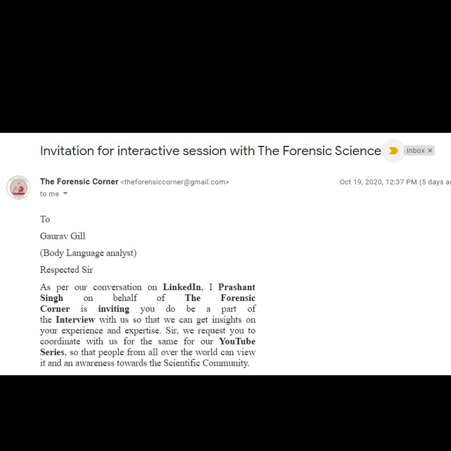 GauravG39565221's tweet image. Invitation by "The Forensics Science corner "to deliver a Guest session on " Body language &amp;amp; Statement Analysis in Forensics settings."

Guest speaker prior to me was Professor Weedn; Forensics Pathologist

I feel privileged to deliver session.
 #BodyLanguage #statementanalysis