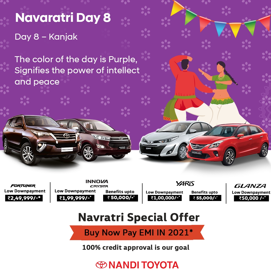 JoinNandi's tweet photo. Navaratri Day 8-Kanjak
The color of the day is Purple, Signifies the power of intellect and peace, on this festive day drive home the all-new Toyota cars with a special offer, Buy Now and Pay EMI in 2021*.

#Navratri #NavratriFestival #Toyota #ToyotaCars #ToyotaIndia https://t.co/KUjp2bdQmj