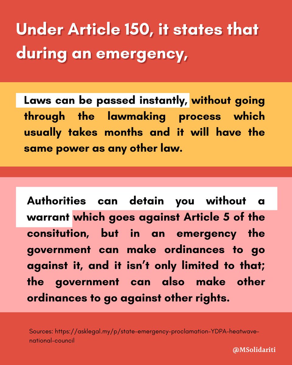 A brief introduction to what a state of emergency means, and what can happen under it.  #ProtesDarurat  #ProtestDarurat (2/5)