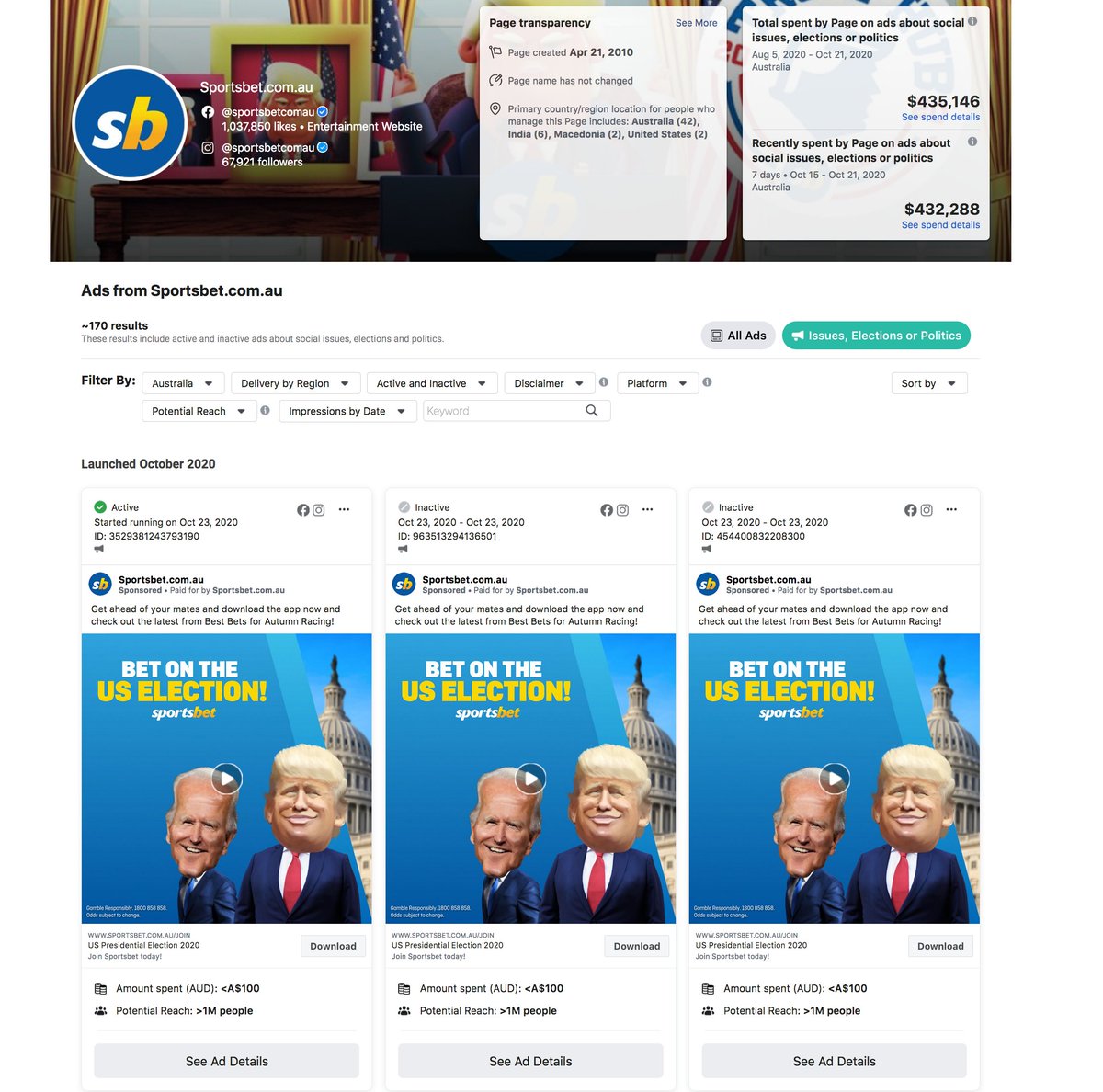 Cowboy Himbo On Twitter Bingo Sportsbet Has Spent 433 288 On Facebook Ads About Their Us Election Betting This Week Https T Co Nnr0odgkf5 Https T Co Uvwv7tllbx