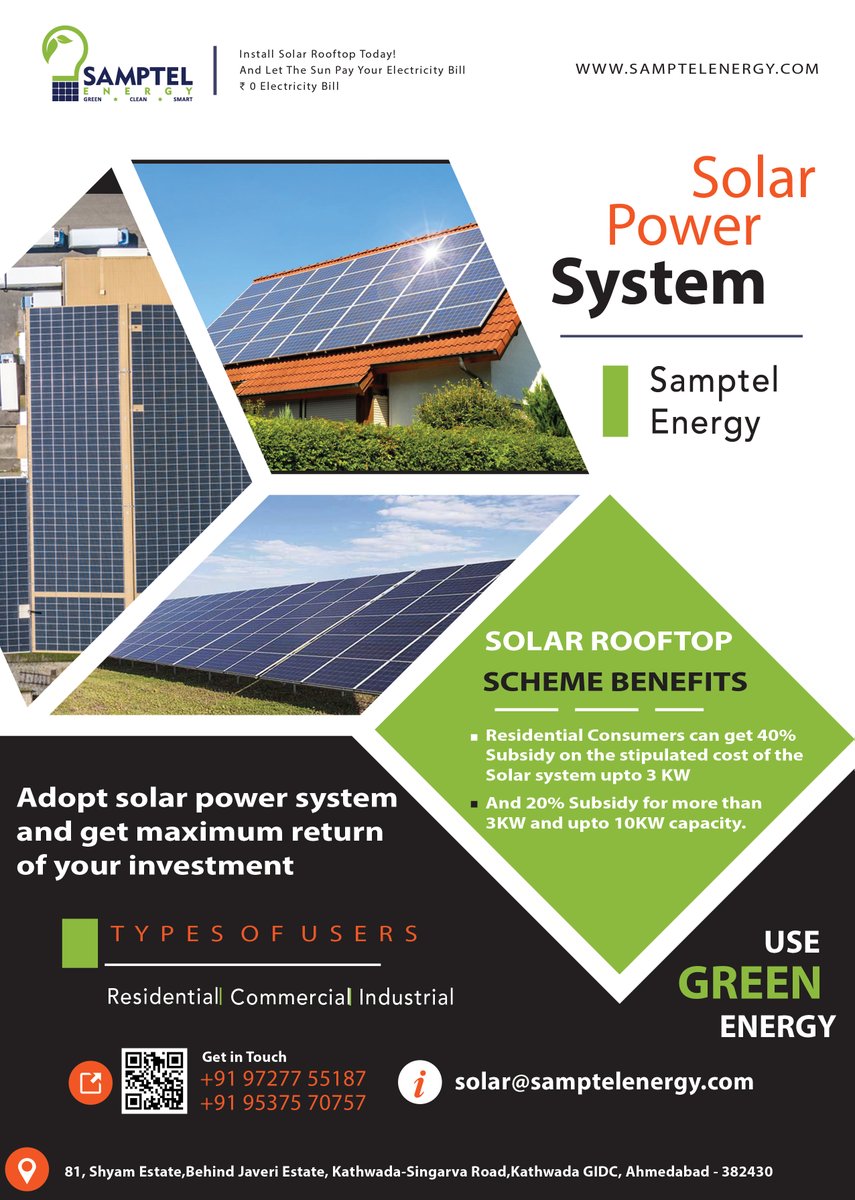 _samptelenergy's tweet photo. The Government of Gujarat is implementing a policy of installing #solar #rooftop #powerplants at home. Adopt #solarpowersystem and get maximum return on your investment.
Contact "#SamptelEnergy" on an earlier basis today to take advantage of this plan and for more information. https://t.co/xc50Iqb6Sh
