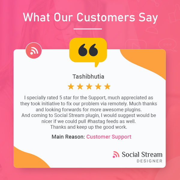 SolwinInfotech's tweet image. We&apos;ve got one amazing positive feedback for #SocialStreamDesigner #WordPressPlugin from our valuable client.

&quot;I specially rated 5 stars for the Support, much appreciated as they took initiative to fix our problem&quot; - Tashibhutia

#Testimonial #ProductReview #CustomerReview