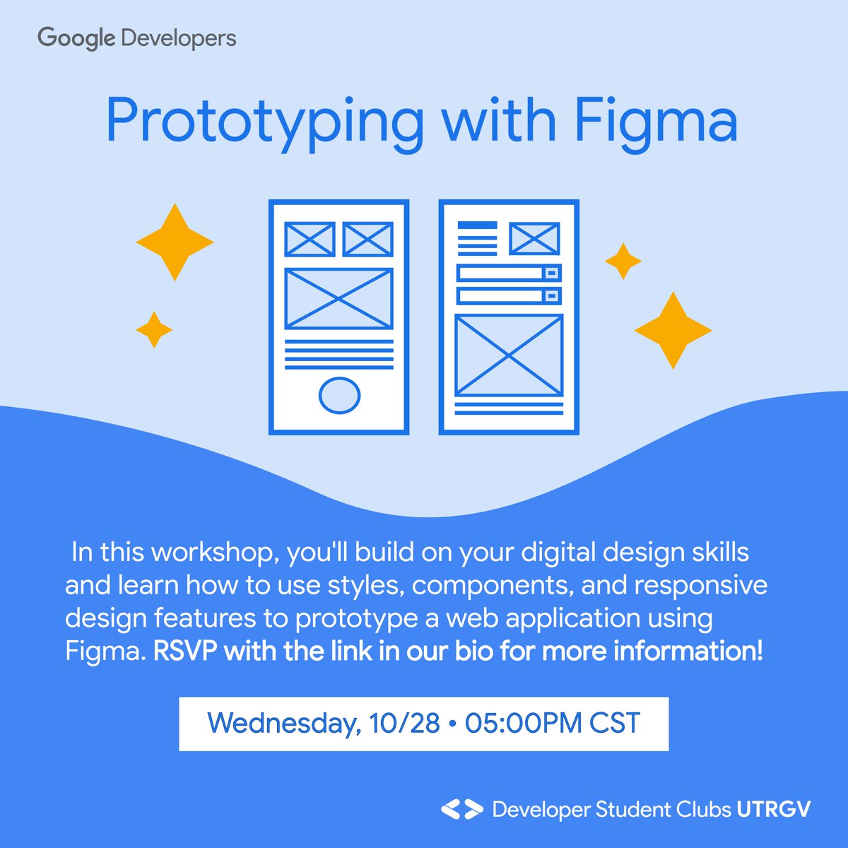 fronteradevsrgv's tweet photo. Hi folks! 👋 Join us for our Intro to UI/UX with Figma on Wednesday 10/28 @ 5pm CDT! You'll learn the basics of prototyping a web app with styles, components, and prototyping tools using Figma. This event is FREE and open to all. RSVP at https://t.co/W6lSyZHFbv ✨ #dsc #utrgv https://t.co/vGYeCd37tl