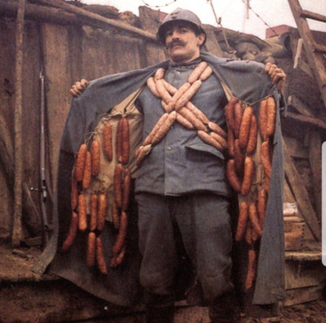A sausage laden french soldier in WW1.