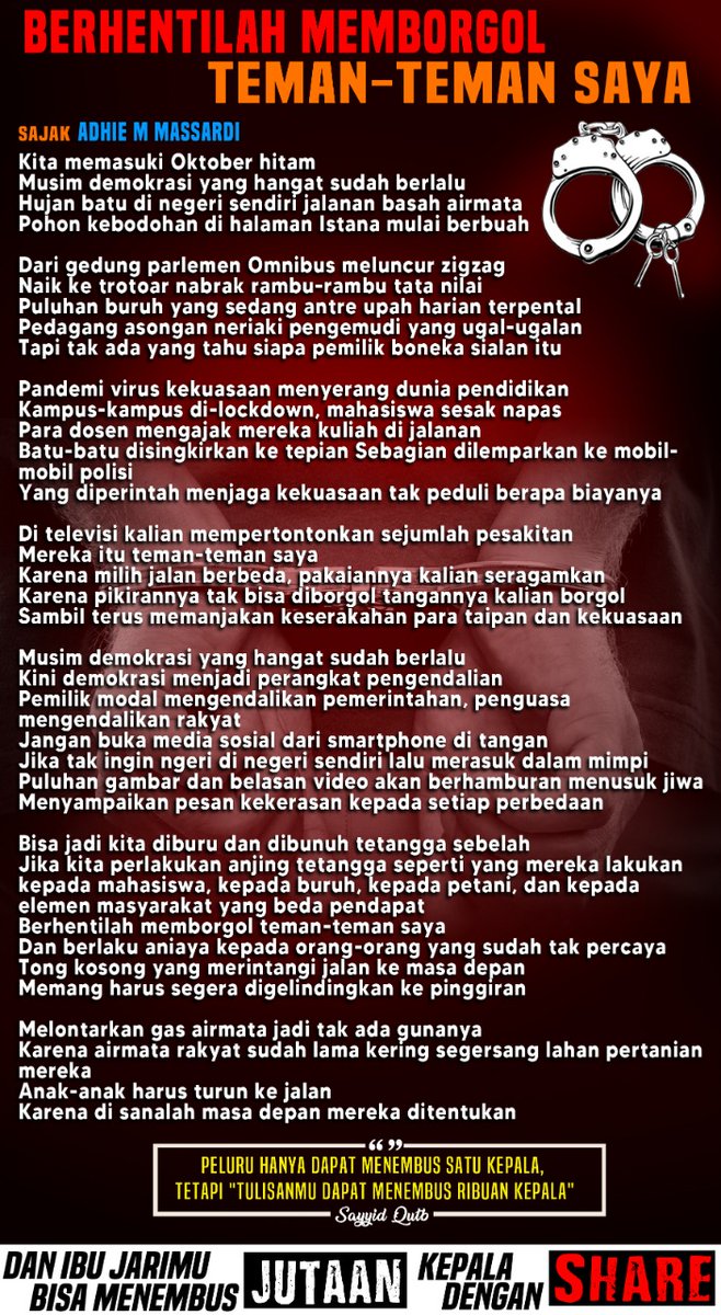 AdhieMassardi's tweet photo. SAYYID QUTB 》terima kasih kpd teman di WAG yg sudah bikinin meme sajak sy BERHENTILAH MEMBORGOL...
▪︎ jadi dahsyat setelah di baris bawah ditambahi narasi Sayyid Qutb (1906-1966), ulama/penyair besar Mesir.
☆ terima kasih, semoga bermanfaat. Salam! https://t.co/SG7SOBaTTp