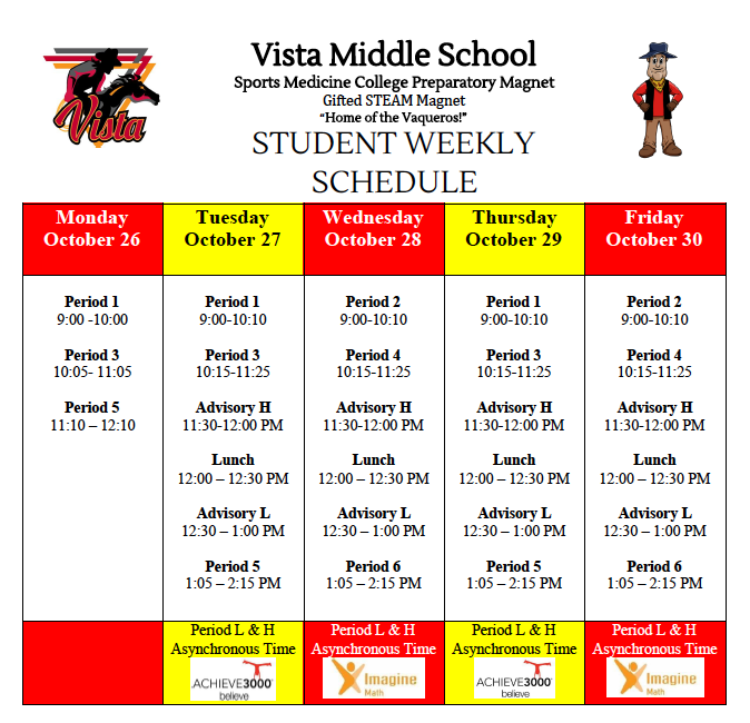 vistamiddle's tweet photo. Vista Students' Schedule - ๐๏ธ โฐWeek of Oct. 26-30, 2020 #OnTime #AttendanceCounts #AttendanceMatters #DistancePresent #SMARTGoals #Punctuality #Synchronous #Asynchronous #Learning #SMARTchoices #SMARTgoals #VistaRocks ๐ฅ
@mspdamonte More Info: https://t.co/KBY5xYH3qR https://t.co/j8DIDjlSve