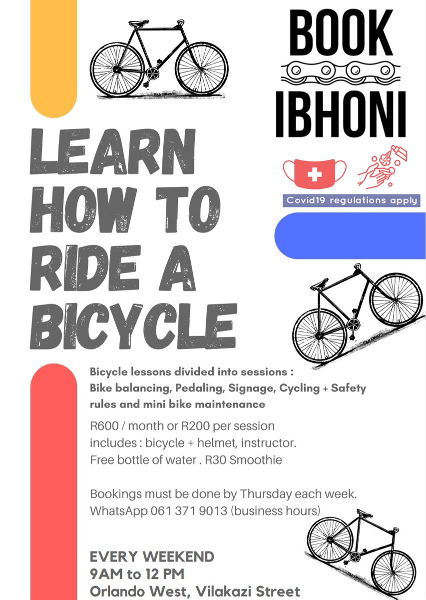 Mpumi_Mtintso's tweet photo. BOOK IBHONI x Blendavenda

Starting next weekend, you can now learn how to ride a bicycle.

Also, enjoy a smoothie 🚴🏾‍♂️🍒🥤 https://t.co/iBwT5nFGHi