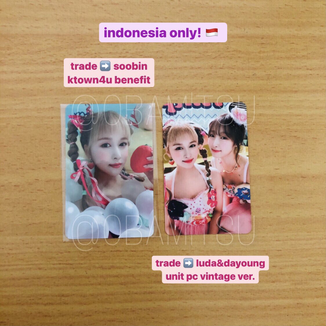 SOOBlNPOP's tweet photo. wtt !!! indonesia only ๐ฎ๐ฉ
wjsn #chocome hmph! photocard
have: dayoung ktown4u bene
want: soobin ktown4u bene
have: soobin/dayoung unit ribbon ver.
want: luda/dayoung unit vintage ver.
click the next โก๏ธ photo for wanted photocards!
#wjsntrade #wjsn_chocome ๐ https://t.co/XgCKvRG0Vq