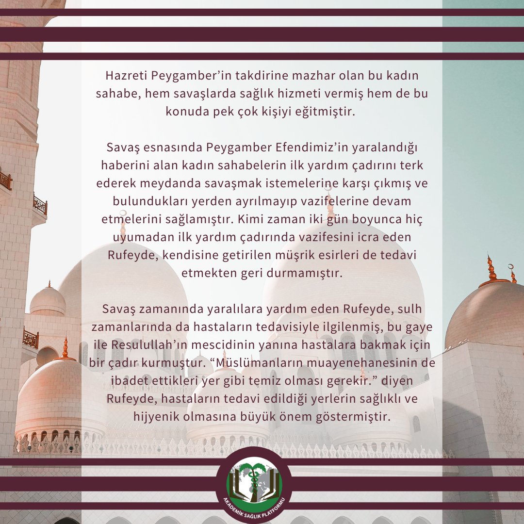 akademiksaglikp's tweet photo. Biz onu anlatmakla bitiremedik ,o ise yaşadığı hayatla bize çok şey anlattı. Allah ondan ebeden razı olsun. Cennette meslektaşımız Rufeyde Bint Sad'la buluşmak duası ile 🤲
#saglik #hemsire #i̇lk #i̇slam #temizlik #triyaj #sterilizasyon #sedye #hijyen #ilkyardım #çadır https://t.co/RK4RekBxE3