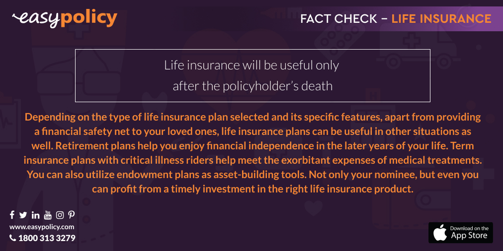 #FactCheck ~ Life insurance will be useful only after the policyholder’s death!
✔️ #StayInsured 👉 bit.ly/34MQoQL

#insurancemyths #InsuranceFacts #LifeInsurance #Easypolicy