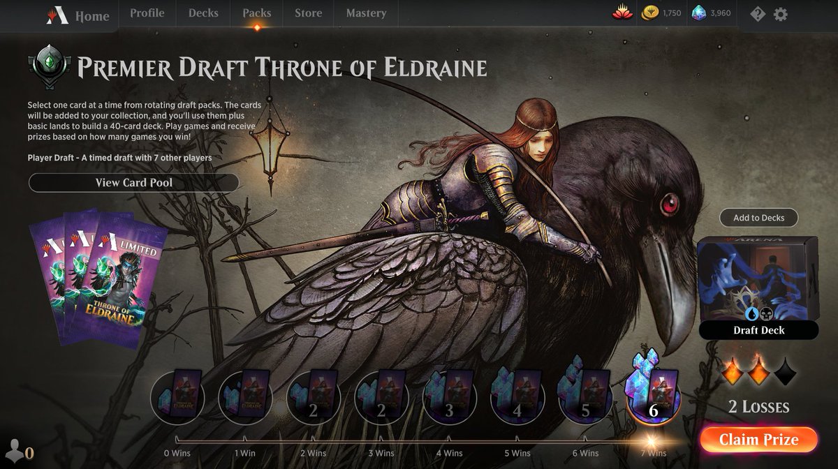 draftanddraftc1's tweet photo. Happy #throneofeldraine return day! Back at it with two good results, one trophy and a long ladder to go! Feels good when you rack up 2 early losses then go straight "Hercules" on this. #Icangothedistance @MTG_Arena https://t.co/FZWbPYtLM5