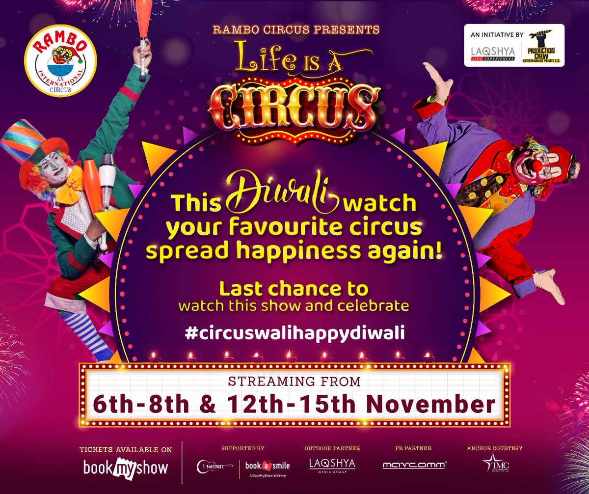 CircusRambo's tweet photo. We're here to make your Diwali brighter, happier, and a lot more fun! India's favourite, Rambo Circus is back!
 Tickets on https://t.co/ukh1tEG1lW
Donate now on - https://t.co/3flqX537ww

@LaqshyaLiveEx @productioncrew_ @swaradhar
@bookasmileindia @laqshyamedia @mavcommgroup #tmc https://t.co/tGXpVOoXht