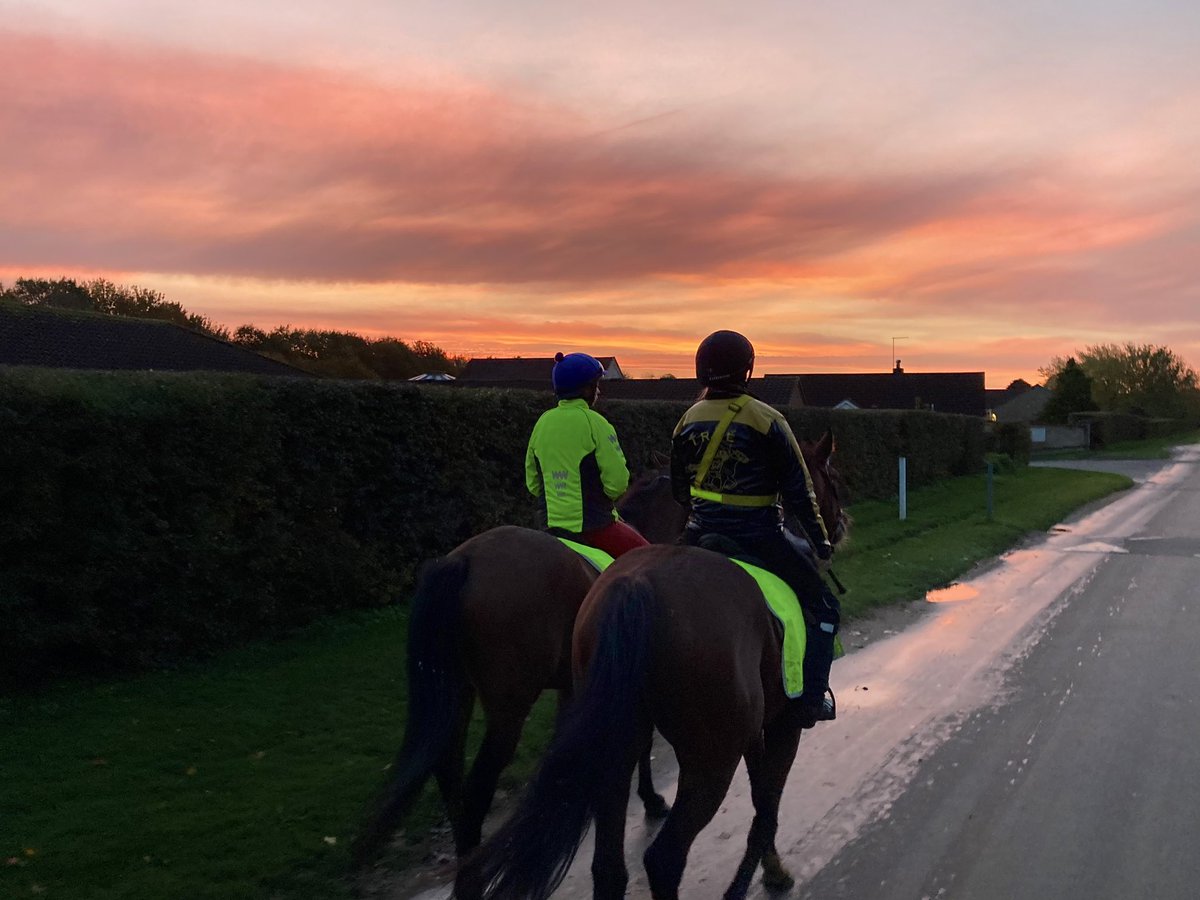 JohnWathenBerry's tweet photo. Red sky in the morning @NewmarketGallop ... yes, sure enough, rain forecast for this evening. Colder & fresher at present, 8 degrees #Delatite #DasKapital https://t.co/E2BURnz82e
