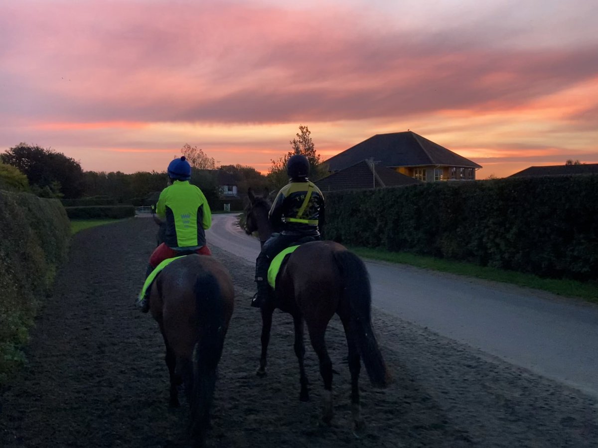 JohnWathenBerry's tweet photo. Red sky in the morning @NewmarketGallop ... yes, sure enough, rain forecast for this evening. Colder & fresher at present, 8 degrees #Delatite #DasKapital https://t.co/E2BURnz82e