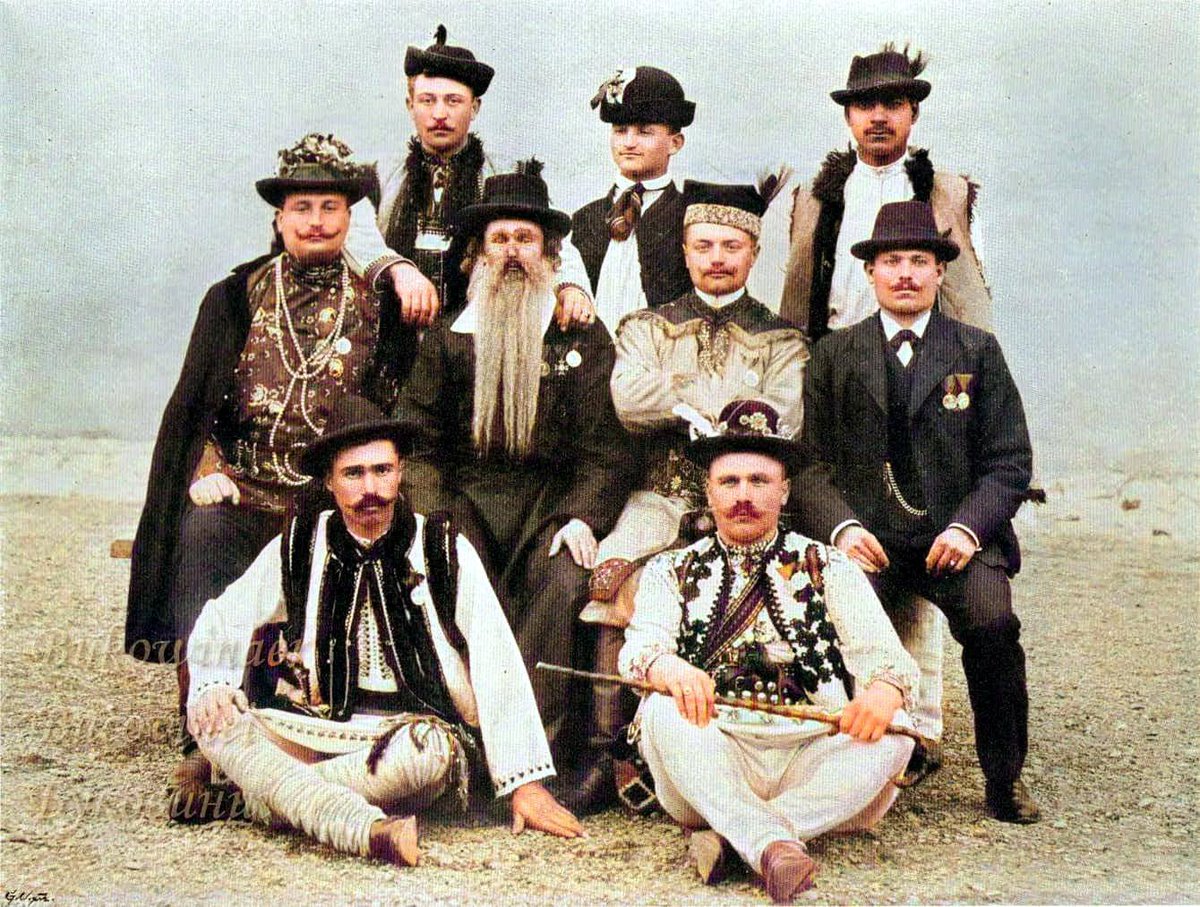 9 ethno-religious groups of the Duchy of Bukovyna (Austria-Hungary), 1902  From top left: Hutsul, Hungarian, Rom (Romani/Gypsy), Lipovan Russian Old  Believers, Jew, Pole, Schwab (German), Romanian, Rusyn  (Ruthenian/Ukrainian). #HistoryofUkraine, image size:1200x907